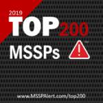 A white, black, and red award badge showing the New York cybersecurity service provider (MSSP) M.A. Polce's recognition for Top 200 MSSPs 2019 addition from the organization MSSP Alert.