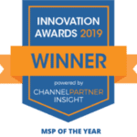 A white, blue, and orange award badge from from the ChannelPartner Insight recognizing M.A. Polce as an Innovation Awards 2020 winner for Best Technical Support Team.