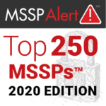 A white, black, and red award badge showing M.A. Polce's recognition for Top 250 Managed Cybersecurity Service Provider for the 2020 addition from the organization MSSP Alert.