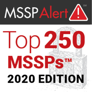 A white, black, and red award badge showing M.A. Polce's recognition for Top 250 Managed Cybersecurity Service Provider for the 2020 addition from the organization MSSP Alert.