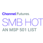 A white, purple, and grey award badge showing M.A. Polce's recognition as an SMB HOT MSP 501 List winner by the organization Channel Futures.