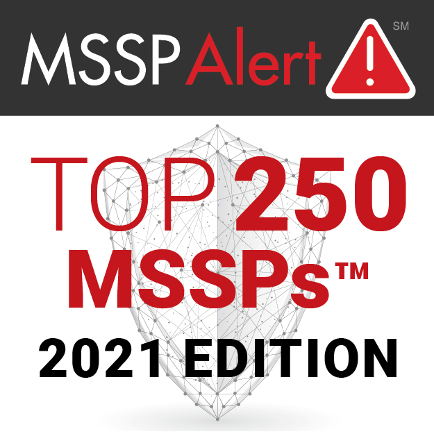 A white, black, and red award badge showing M.A. Polce's recognition for Top 250 managed cybersecurity service provider in the 2021 addition from the organization MSSP Alert.
