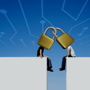 A digitally modified image of two individuals with heads replaced by interlocked padlocks sitting across from one another on top of separate buildings to visually represent how managed security services bridge the cybersecurity talent gap