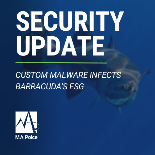 A thumbnail with the heading "security update" to indicate the category type of the post. Beneath the heading is a subheading that reads "custom malware infects Barracuda's ESG" which gives viewers an idea of what the security update addresses.