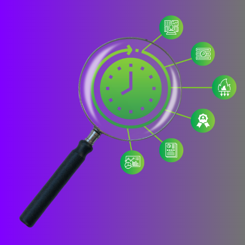 A magnifying glass hovering over a graphic that represents MDR services. The graphic is a green clock circled by an arrow that has six icon nodes branching off of it.