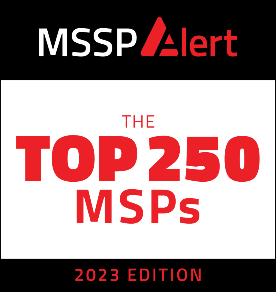 A black, red, and white badge signifying MSSP Alert's recognition of M.A. Polce of one of the Top 250 MSSPs in 2023.
