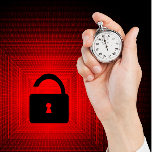 A stopwatch being held by someone up against an unlocked padlock, representing the concept of time being of the essence when a cybersecurity incident occurs