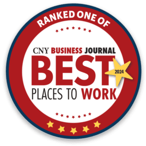 Circular badge stating "ranked one of best places to work" with a starry border, labeled 'cnybj 2024'. EndID.