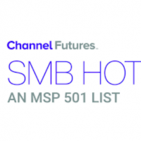A white, purple, and grey award badge showing M.A. Polce's recognition as an SMB HOT MSP 501 List winner by the organization Channel Futures.