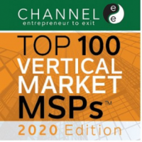 A green, orange, white, and black award badge from Channel recognizing M.A. Polce as a 2020 Top 100 Vertical Market MSP,